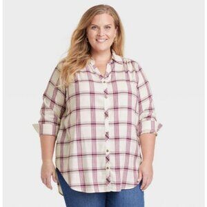 Knox Rose Women's Long Sleeve Button-Down Tunic Shirt Purple Plaid Size XXL